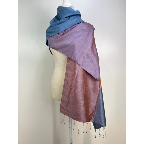 Silk Shantung Wrap Scarf Blue Orange Lightweight Cocktail - Picture 7 of 8